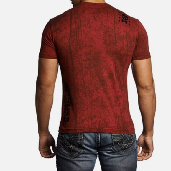 Affliction Textured Velour Eagle Skull Short Sleeve Tee Red/Black Size Large - Picture 2 of 7
